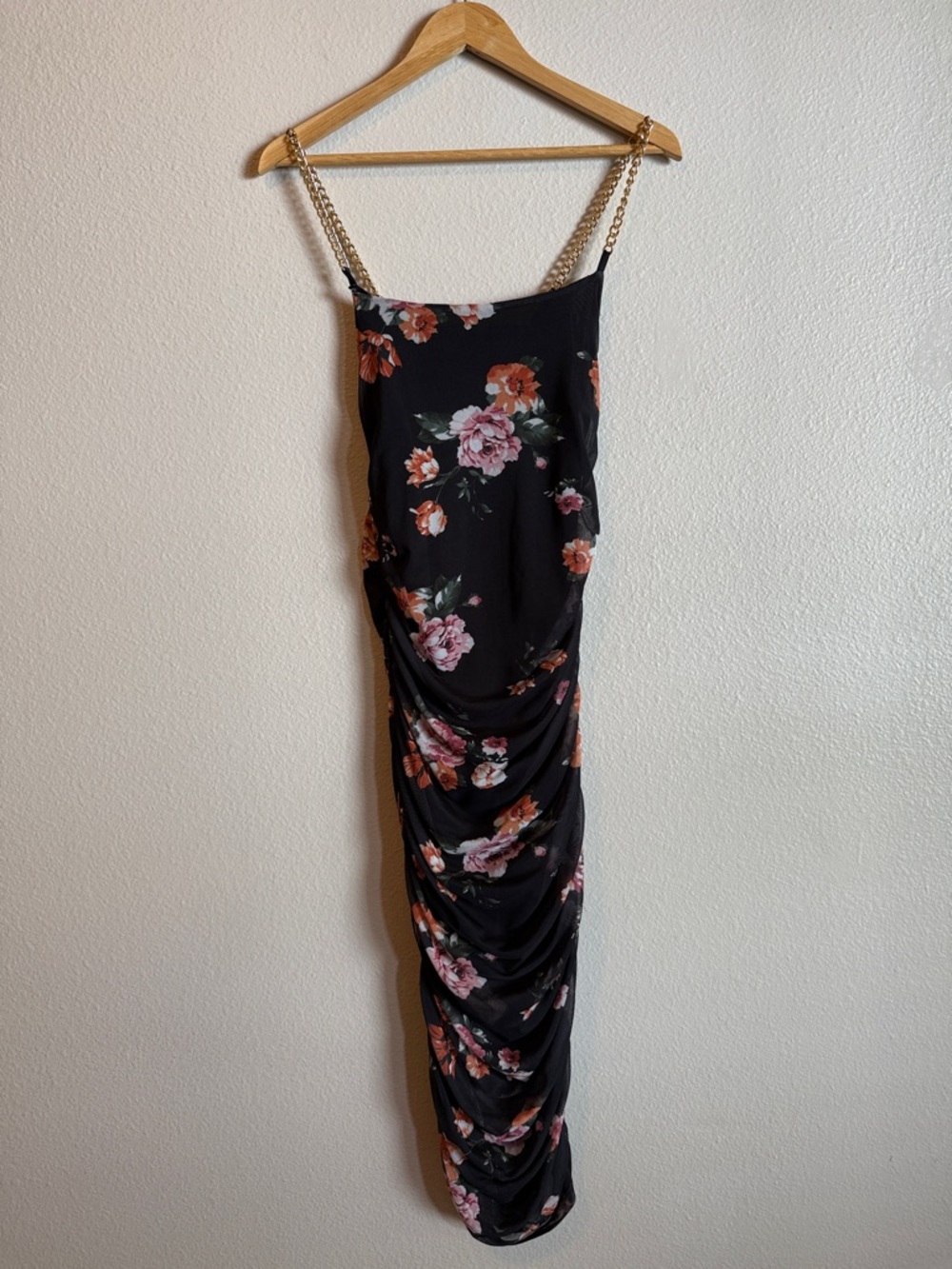 Floral Ruched Mesh Maxi Dress Gold Chain Strap Y2K Coquette L Date Night Party